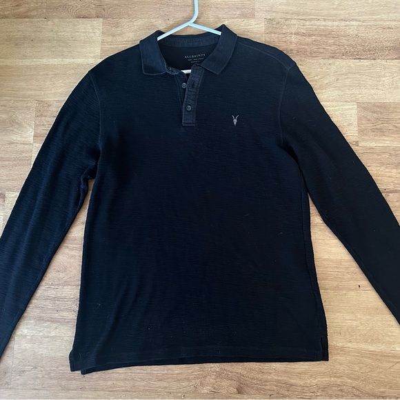 ALL SAINTS Mode Merino Long Sleeve Polo Shirt - Picture 6 of 8